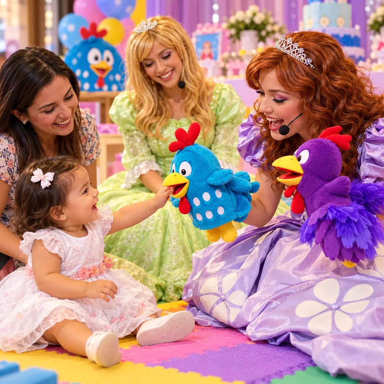 Imagen promocional de una bebé jugando con los títeres de la Gallina Pintadita y sus animadoras