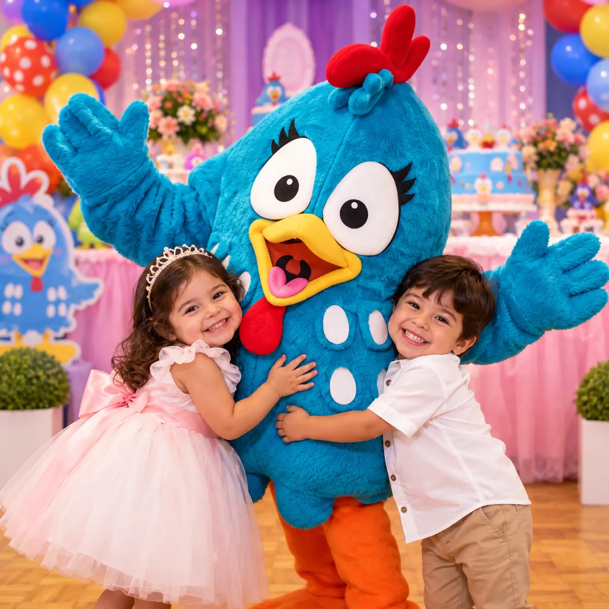 Imagen promocional de la Gallina Pintadita azul abrazada por dos niños en una celebración infantil