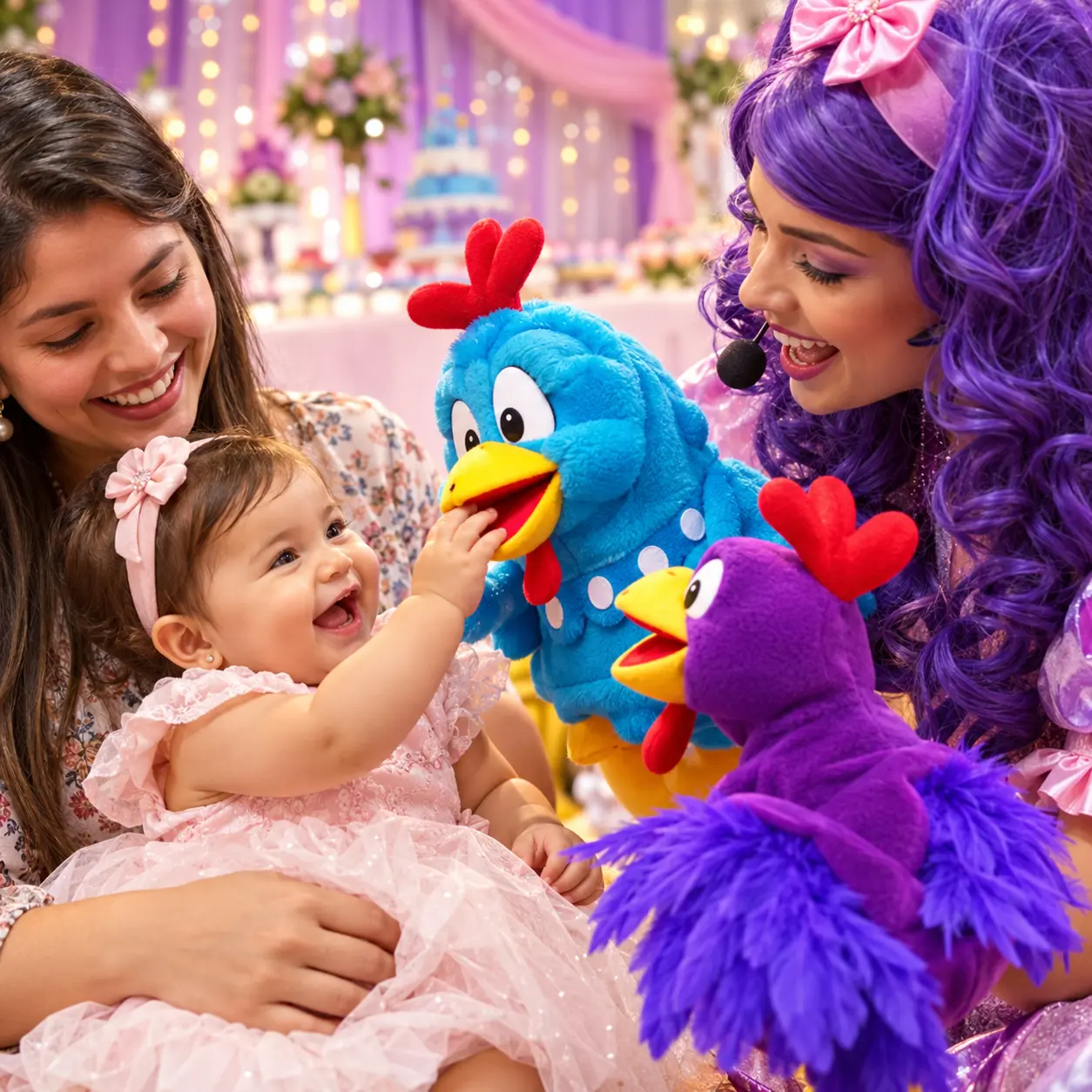 Imagen promocional de una animadora interactuando con una bebé y títeres de aves de colores
