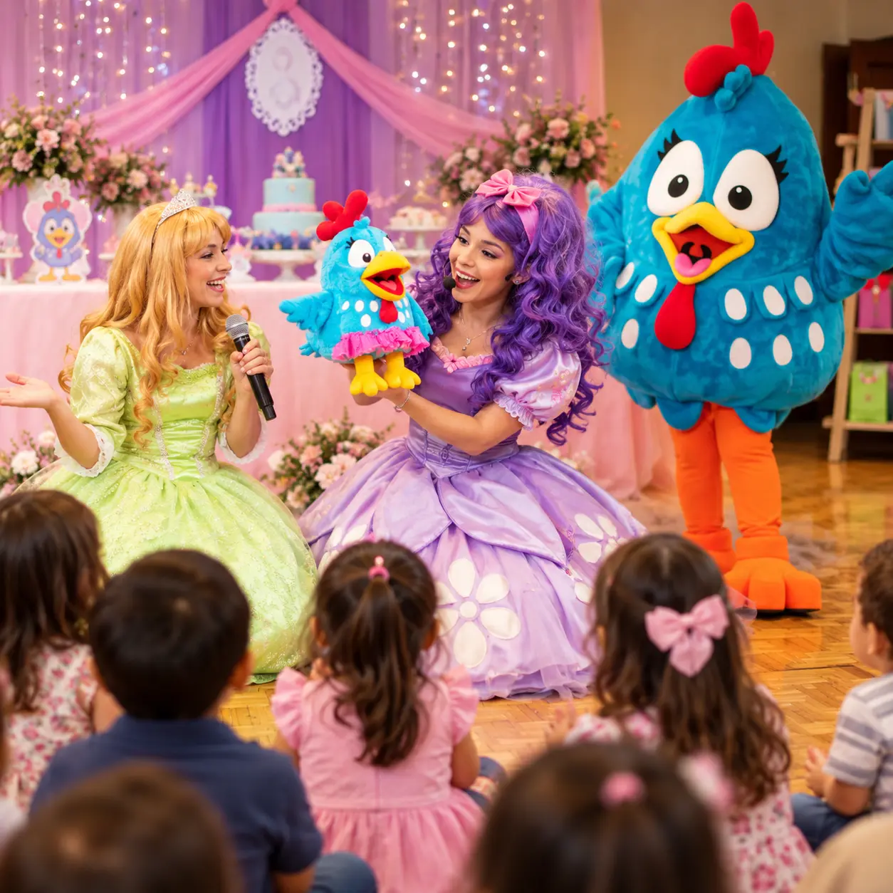 Imagen promocional del espectáculo musical de la Gallina Pintadita con animadoras, títeres y niños