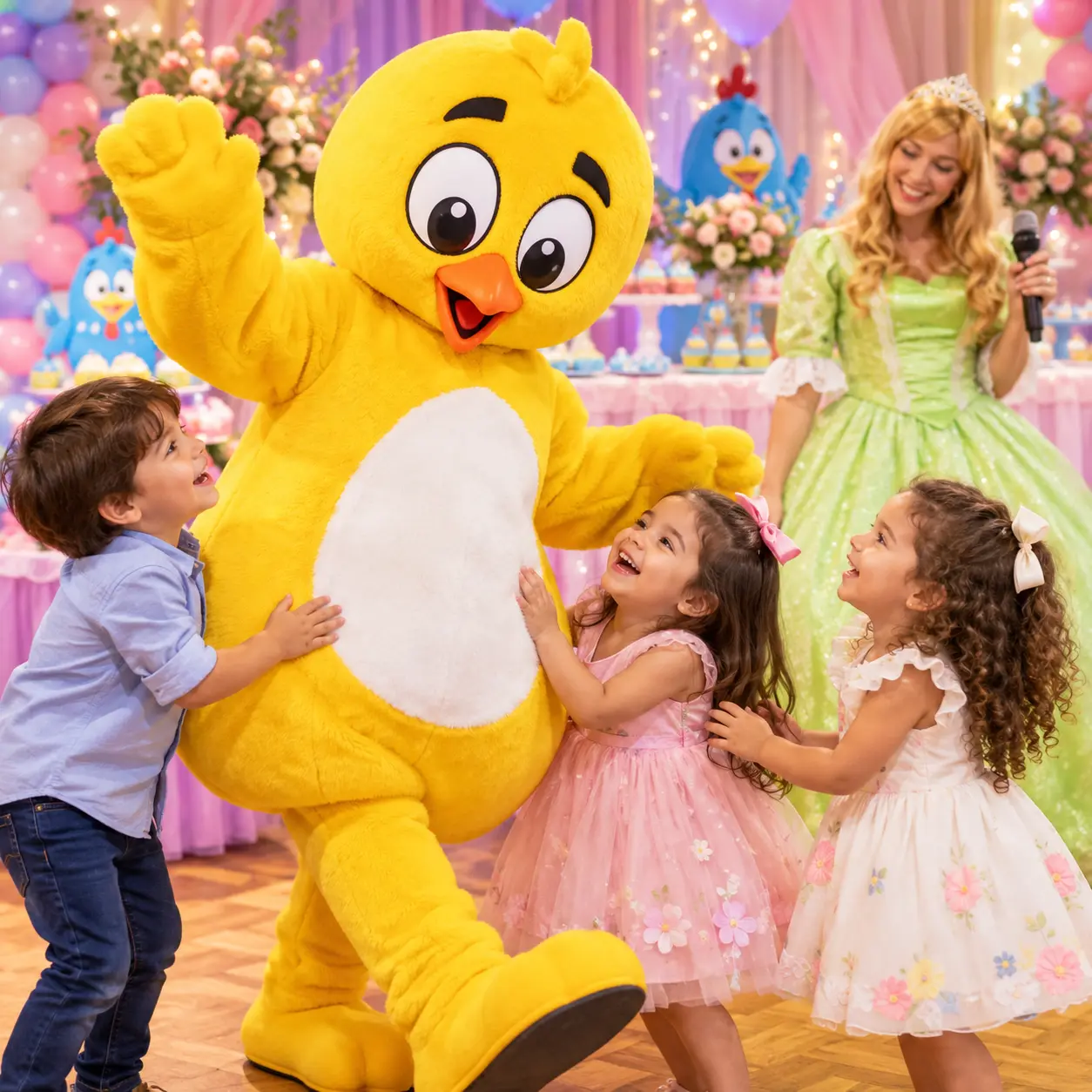 Imagen promocional del Pollito Amarillito interactuando con niños en una fiesta temática de la Gallina Pintadita